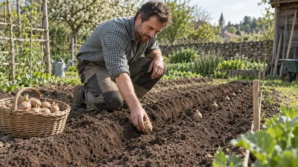 Homme plantant des pommes de terre germées dans un sillon au potager