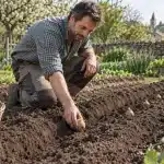Homme plantant des pommes de terre germées dans un sillon au potager