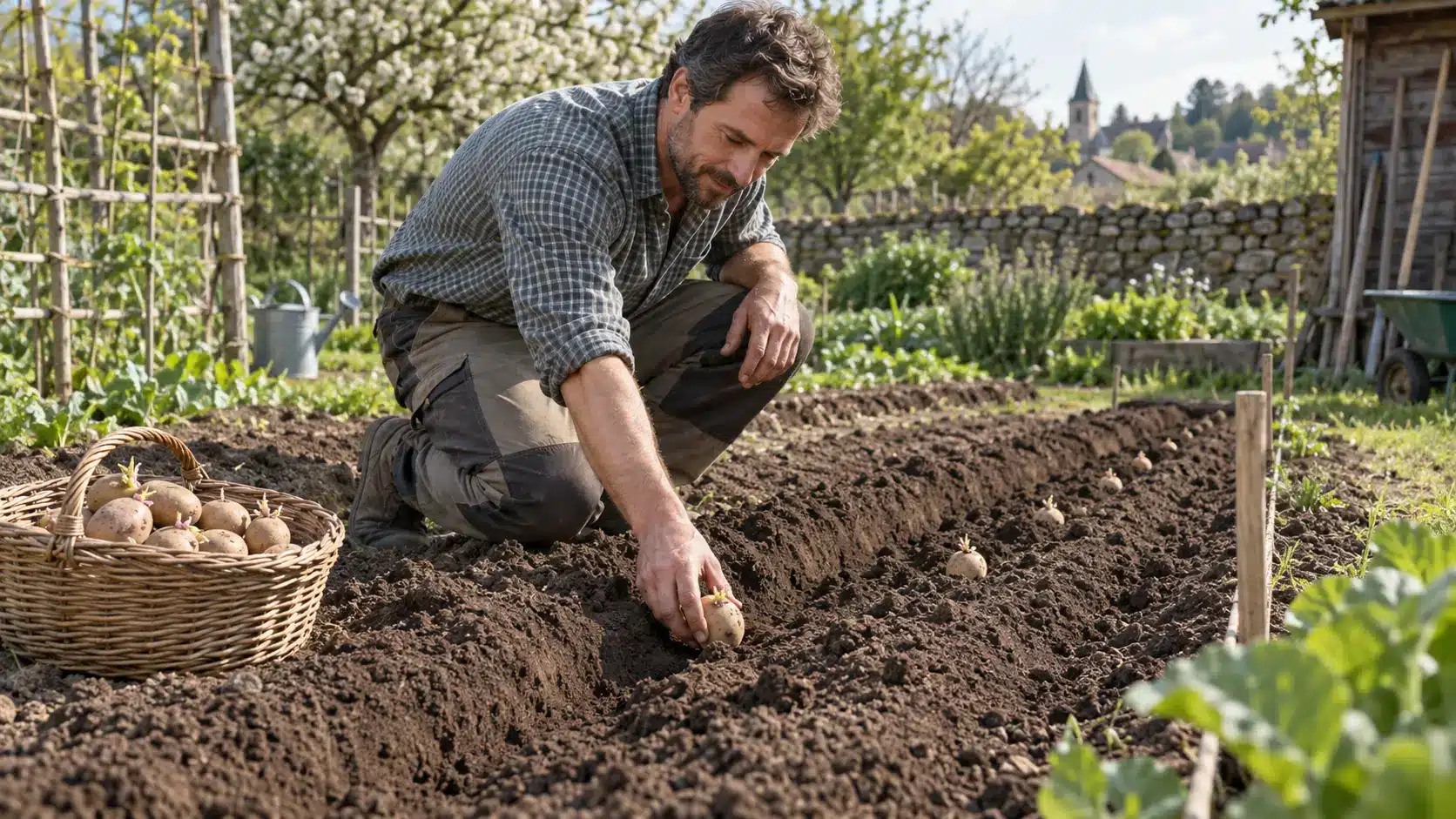 Homme plantant des pommes de terre germées dans un sillon au potager