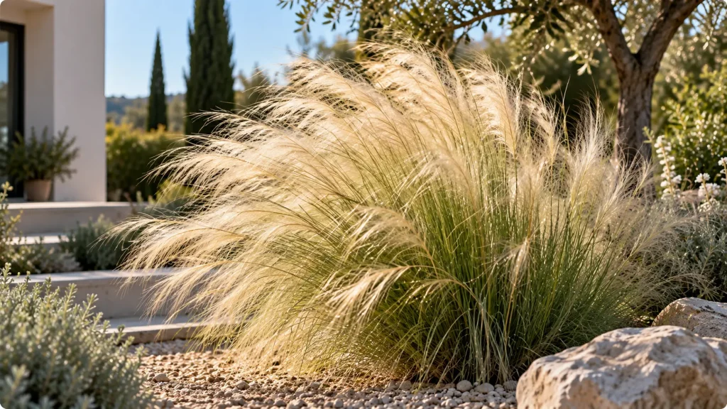 Stipe cheveux d’ange dans un jardin sec et ensoleillé